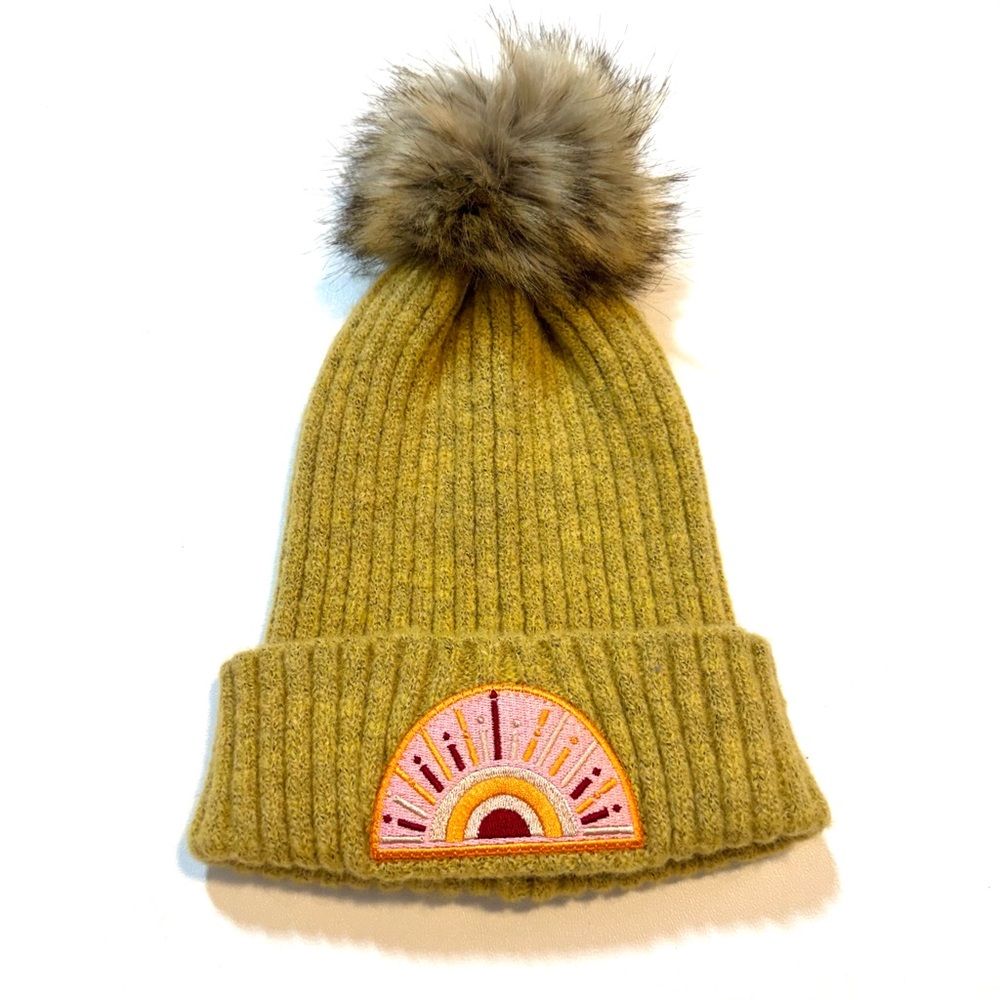 Virginia Wolf The‎ Sunray Mustard Ribbed Knit Pom Beanie Sunburst Patch Boho OS
